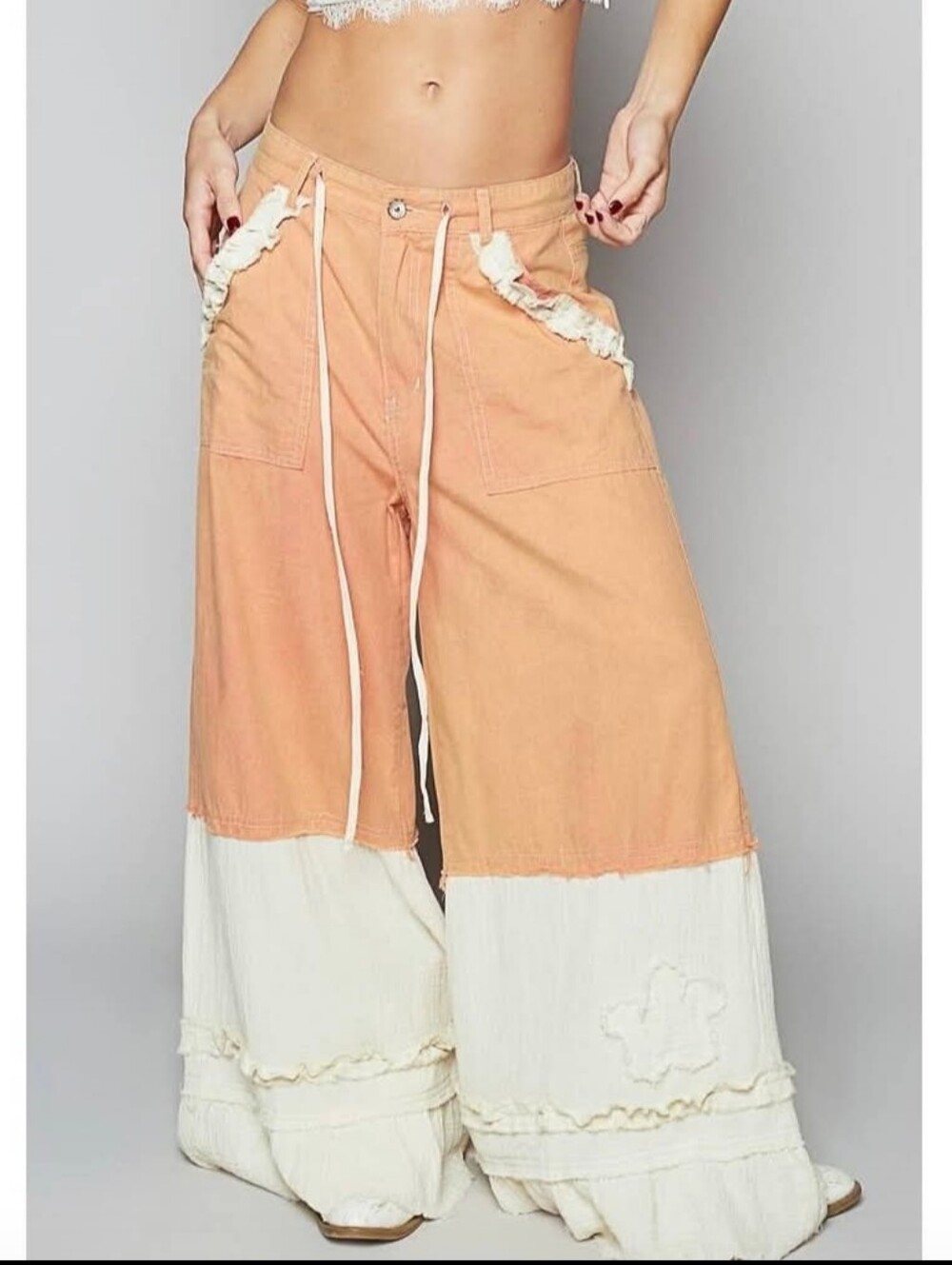 NWOT POL Peach and Cream Wide-Leg Colorblock Pants Large 100% Cotton